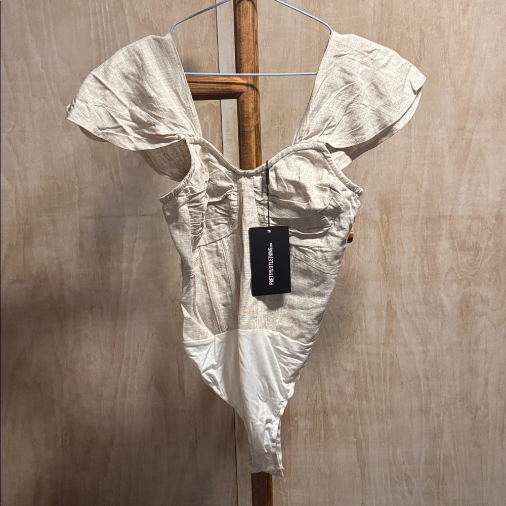 NWT 8 Pretty Little Things Bardot Draped Bust Corset Bodice Bodysuit - Taupe - Picture 2 of 9
